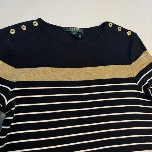 Lauren Ralph Lauren Med Black Gold Stripe Sweater Dress Nautical Button Shoulder - Picture 4 of 9